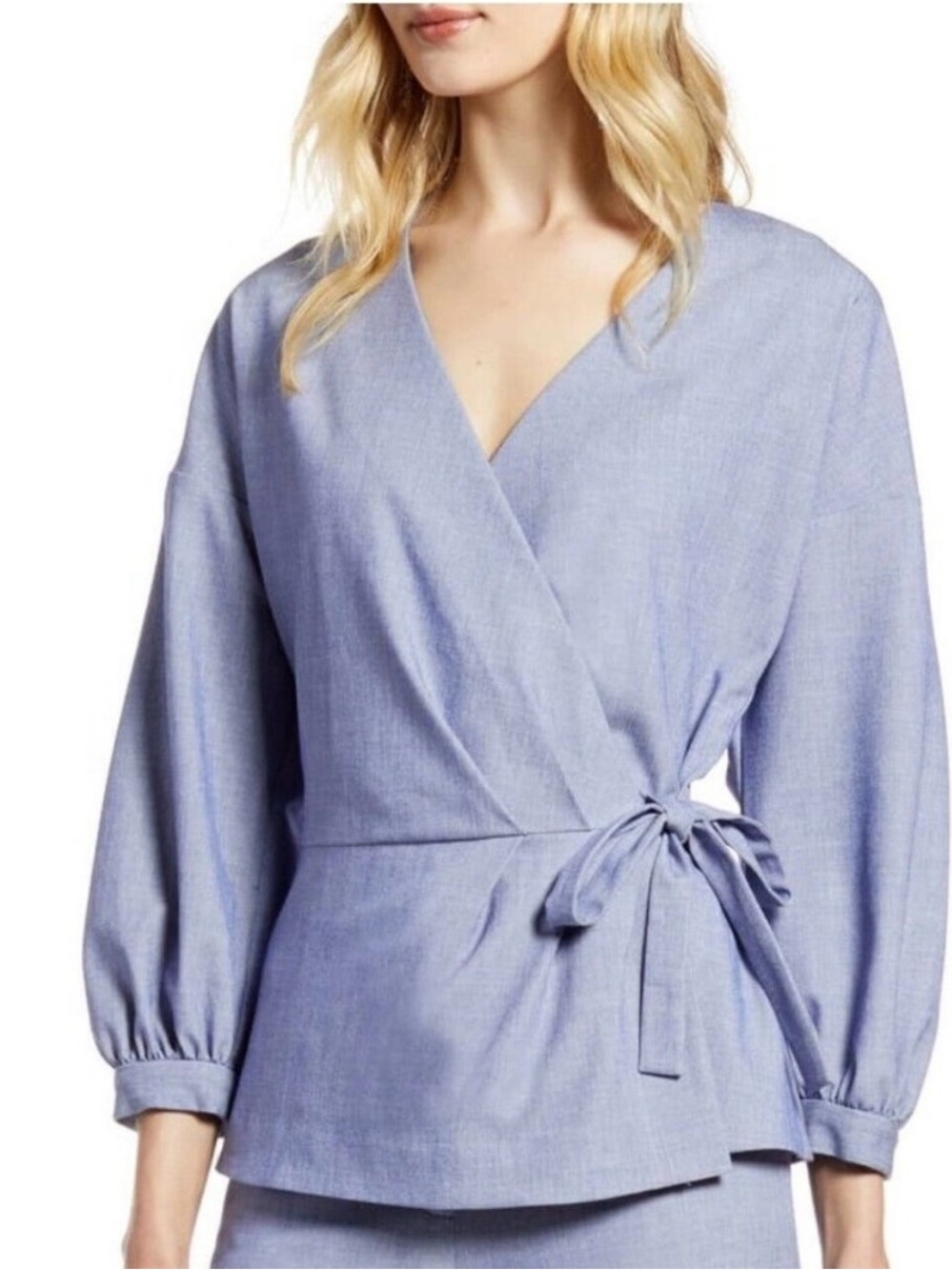 Halogen Chambray Blue Wrap-Tie Peplum Blouse Size Small